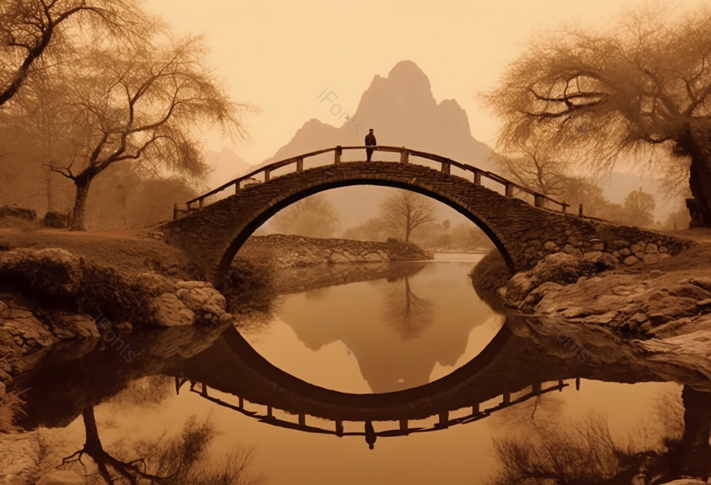 古老的石桥平静的湖面倒影古桥远处山水背景旧照片风格室外场景图像摄影,高清,摄影图,摄影图片,图片大全,摄影图免费下载